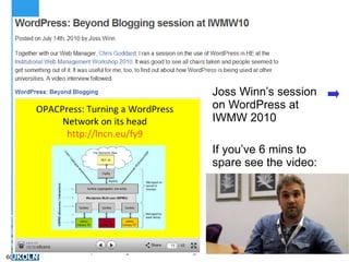 Joss Winn’s session on WordPress at IWMW 2010 If you’ve 6 mins to spare see the video: 
