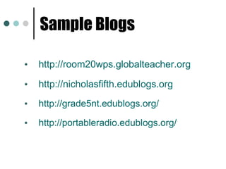 Sample Blogs http://room20wps.globalteacher.org http:// nicholasfifth.edublogs.org http://grade5nt.edublogs.org/ http://portableradio.edublogs.org/ 
