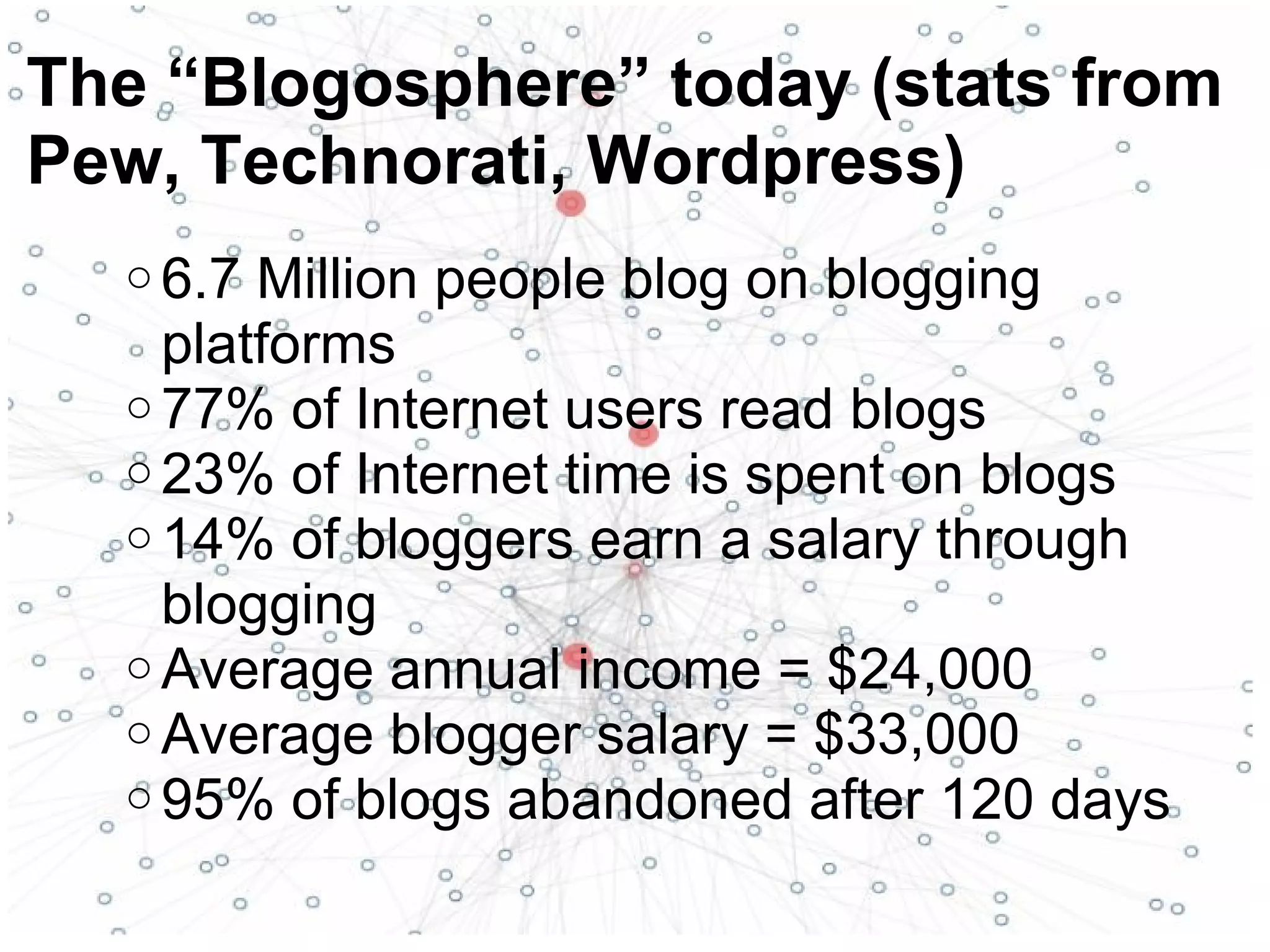 o 6.7 Million people blog on blogging
platforms
o 77% of Internet users read blogs
o 23% of Internet time is spent on blogs
o 14% of bloggers earn a salary through
blogging
o Average annual income = $24,000
o Average blogger salary = $33,000
o 95% of blogs abandoned after 120 days
The “Blogosphere” today (stats from
Pew, Technorati, Wordpress)
 