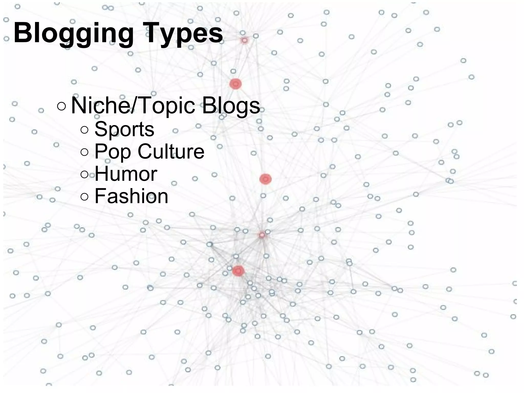 o Niche/Topic Blogs
o Sports
o Pop Culture
o Humor
o Fashion
Blogging Types
 