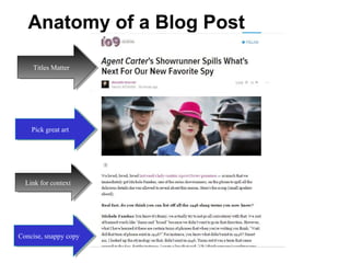 Anatomy of a Blog Post
Titles MatterTitles Matter
Pick great artPick great art
Link for contextLink for context
Concise, snappy copyConcise, snappy copy
 