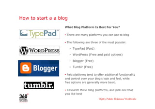 How to start a a blog
  Creating Your Blog
      Register with your blog platform of choice

      Fine tune and organiz...