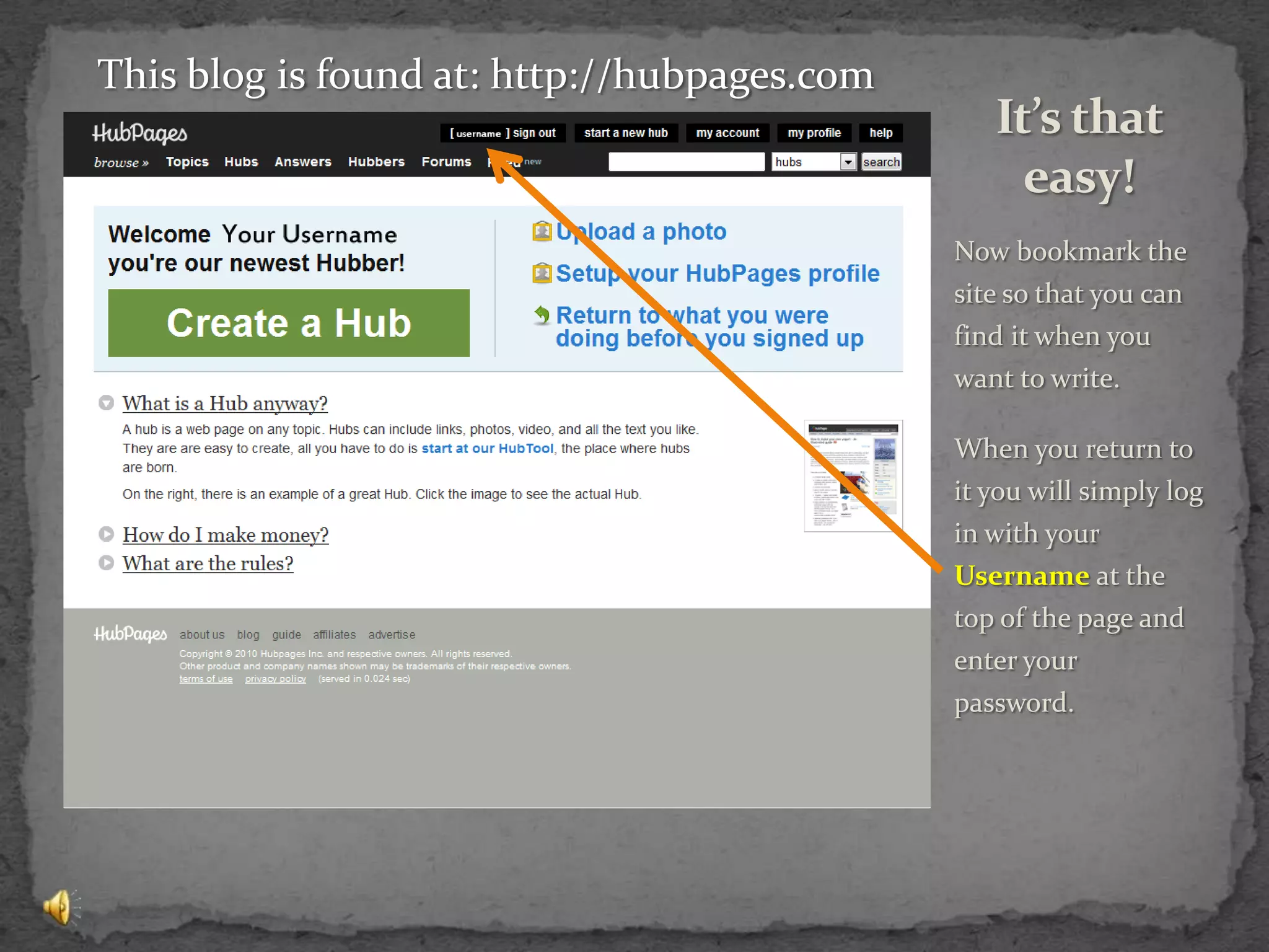 Now bookmark the site so that you can find it when you want to write.When you return to it you will simply log in with your Username at the top of the page and enter your password.It’s that easy!This blog is found at: http://hubpages.com