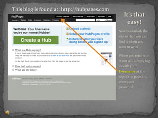 Now bookmark the site so that you can find it when you want to write.When you return to it you will simply log in with your Username at the top of the page and enter your password.It’s that easy!This blog is found at: http://hubpages.com