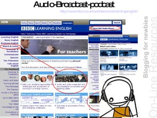 Audio-Broadcast-podcast On-Line  Resources http://www.bbc.co.uk/worldservice/learningenglish/   Blogging for newbies 