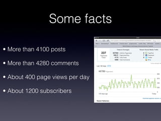 Some facts
• More than 4100 posts
• More than 4280 comments
• About 400 page views per day
• About 1200 subscribers