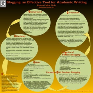 Blogging: an Effective Tool for Academic Writing Sharon Pajka, Ph.D. Gallaudet University Gallaudet University eCurriculum Technology Research Grant ,[object Object],[object Object],[object Object],[object Object],[object Object],References * Researchers have noted advantages of blogging; yet, few studies include Deaf students. Research was conducted in sections of English courses at Gallaudet University.  English Educators seek the best ways to incorporate authentic reading and writing as well as ways to bridge the gaps underprepared students have; yet, they face students who often have little interest or motivation in completing traditional writing assignments. McMillan-Clifton (2007) writes, it would seem that effective composition instruction should move toward embracing the forms that students are already growing comfortable with outside of the  classroom.Ž (52).  ,[object Object],[object Object],[object Object],[object Object],Background 1 Methods 2 Data 3 Fall 2007  (n=12) Students in the developmental English course noted: Intrinsic Motivation & Personal Connections Making Connections & Building Relationships Ownership Usefulness & Flexibility Fall 2008  (n=28) Students collaborated via blogging & noted the benefits 68%  looked at classmates blogs when confused with course reading 61%  found this useful 100% read all of the required reading 68% admitted that they wouldn’t have if it weren’t for their blogs Fall 2009  (n=30:  17 blogging section/ 13 traditional section ) 94% of the students in the blogging section completed their writing  assignments while 76% completed all of them in the traditional writing  section. Students in the blogging section showed a slight improvement  in the categories of Formatting & Citing, Critical Thinking,  Organization of Ideas, and Audience Awareness.  There was no significant difference in Written English  Conventions based on the GU Writing Rubric.  Conclusion Student blogging is a tool that promotes  literacy and authentic reading and writing.   Researchers conclude that student blogging  encourages engagement in learning  (Ferdig & Trammell, 2004).   Since blogs include both written and graphic components where text along with visuals come together to form meaning, blogging may hold an added benefit for deaf students. Kluth (2008) reports that research on visual supports, including graphic organizers, handouts, manipulatives, and other visual representations of information are imperative for deaf and hard of hearing students when they are learning to read and understand content information. Many deaf and hard of hearing students are considered visual learners who benefit from graphically represented content (Kluth, 170).  Findings included that blogging fosters academic and  personal writing, offers authentic opportunities to  practice English, and builds a community of trust  and respect among classmates.  6 ,[object Object],[object Object],[object Object],[object Object],[object Object],[object Object],[object Object],[object Object],[object Object],[object Object],[object Object],Concerns with Student Blogging 5 ,[object Object],[object Object],[object Object],[object Object],4 Benefits of  Student Blogging 