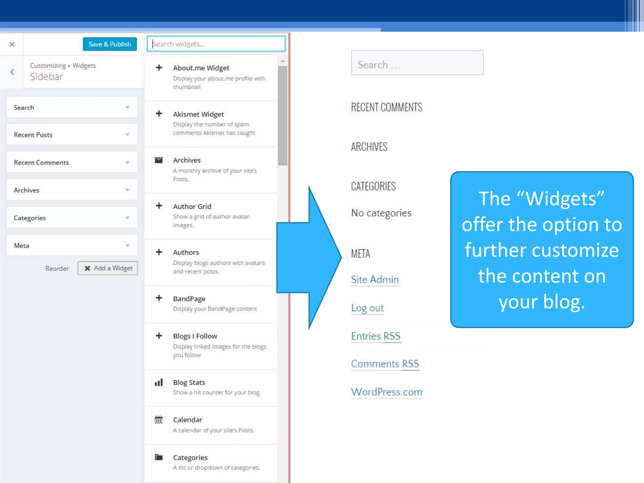 The “Widgets”
offer the option to
further customize
the content on
your blog.
 