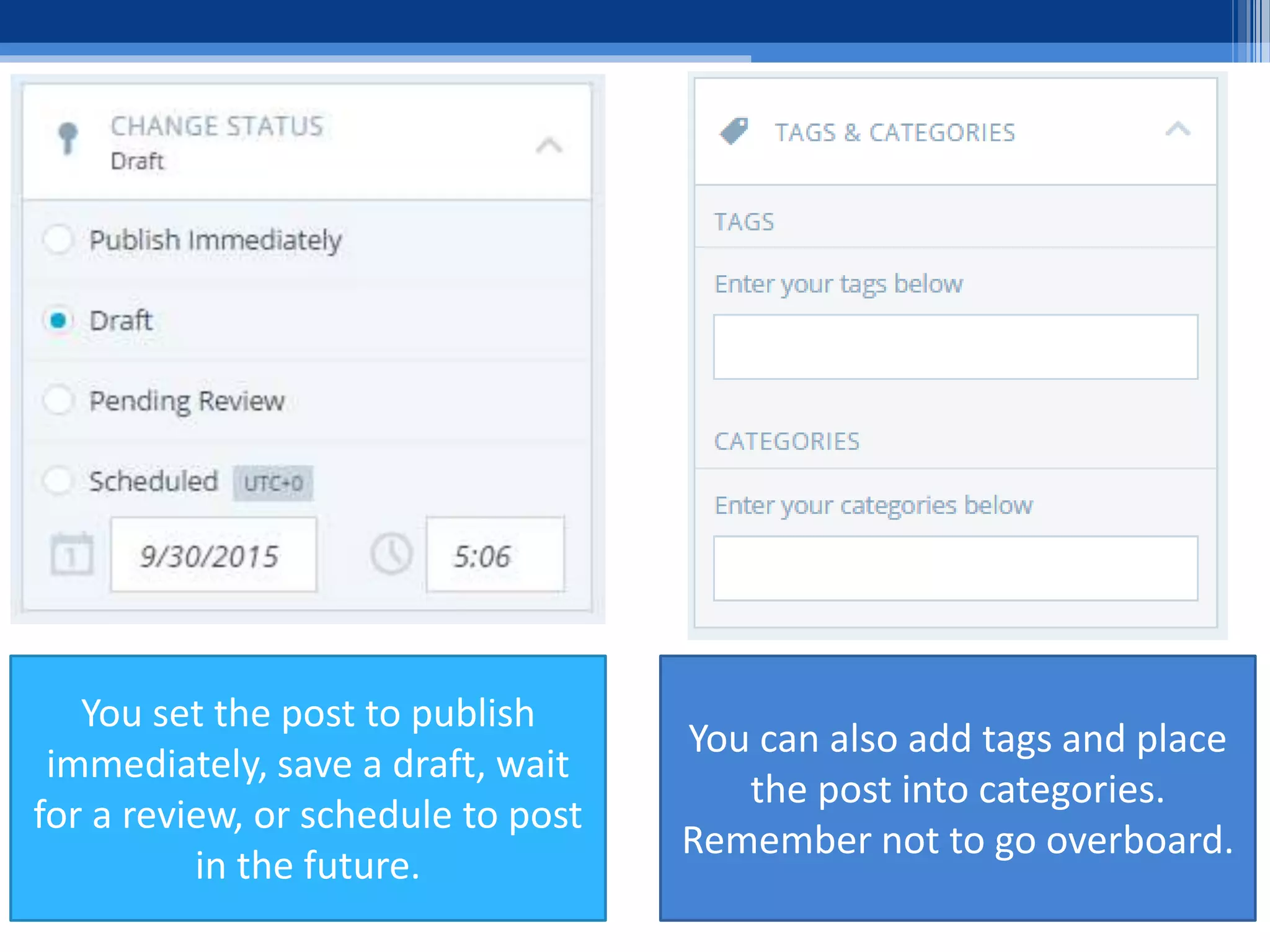 You set the post to publish
immediately, save a draft, wait
for a review, or schedule to post
in the future.
You can also add tags and place
the post into categories.
Remember not to go overboard.
 