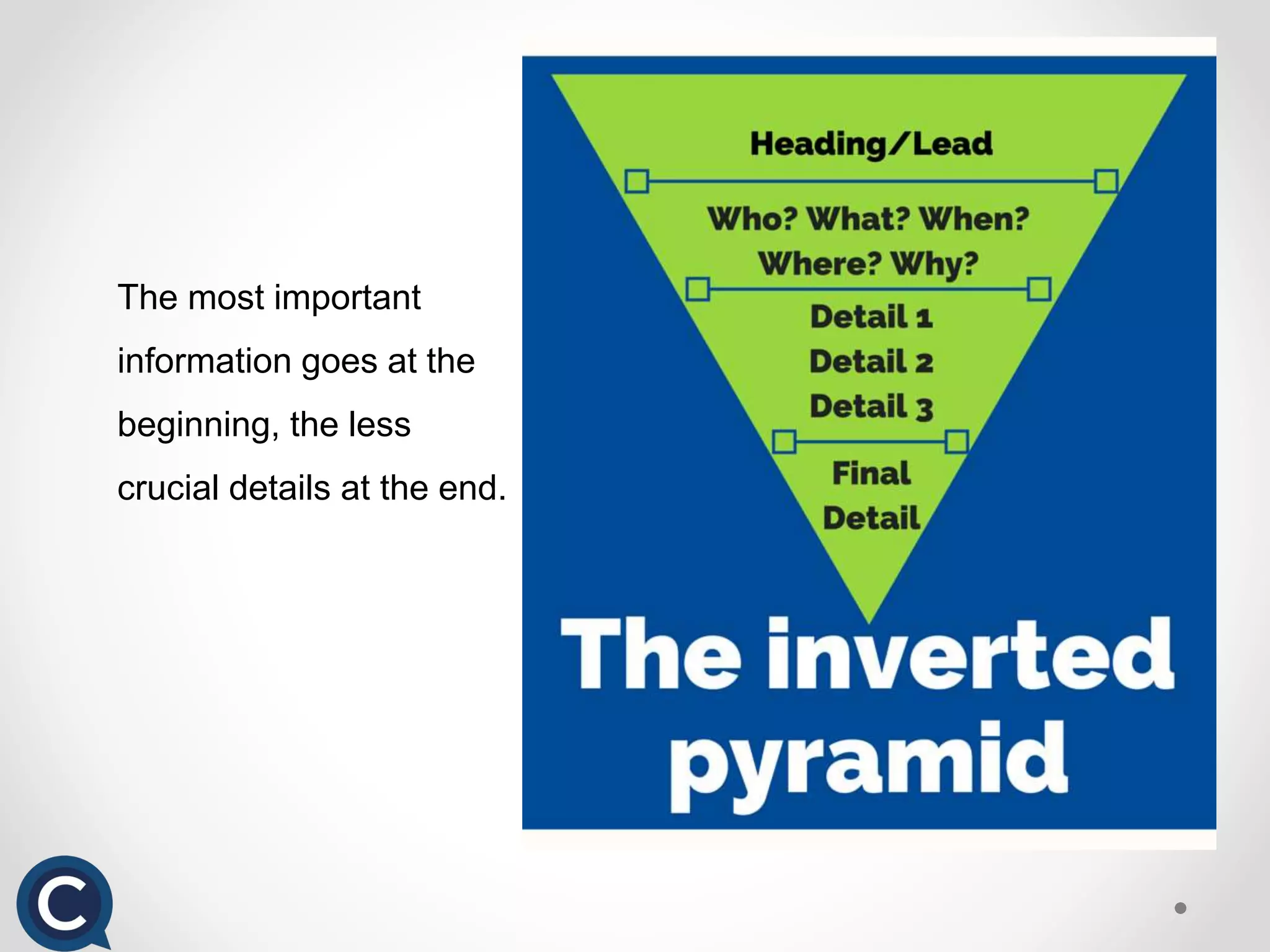 The most important
information goes at the
beginning, the less
crucial details at the end.
 