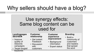 Why sellers should have a blog? 
Use synergy effects: 
Same blog content can be 
used for 
Landingpages 
SEO/SEM 
• Improve 
quality of 
Adwords 
campaigns 
• Target longtail 
keywords 
Customer 
relationship 
• Get instant 
Feedback 
• Discussion 
with 
customers 
Customer 
experience 
improvement 
• Background 
information 
• Expert status 
Branding 
• Build a 
community of 
customers 
and readers 
that spread 
the word 
 