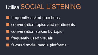 Utilise SOCIAL LISTENING
frequently asked questions
conversation topics and sentiments
conversation spikes by topic
frequently used visuals
favored social media platforms
 