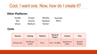 Cool, I want one. Now, how do I create it?
Drupal
Joomla
Medium
Other Platforms
Costs
Weebly
Typepad
Twitter
Tumblr
Wix
Ghost
YouTube
More
Domain Hosting Platform
Theme &
Plugins
Content Time
$15 per year
$5-$30 per
month
Free + Free – $1,000s
Depends on
topics
Setup &
Posting
 