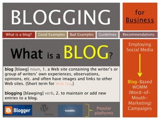 BLOGGING                                                        for
                                                                Business

What is a blog?   Good Examples   Bad Examples    Guidelines   Recommendations




                              BLOG?
                                                                 Employing

   What
                                                                Social Media
                      is a
blog [blawg] noun, 1. a Web site containing the writer’s or
group of writers’ own experiences, observations,
opinions, etc. and often have images and links to other
Web sites. {Short term for Web log.}                             Blog-Based
                                                                   WOMM
blogging [blawging] verb, 2. to maintain or add new              (Word-of-
entries to a blog.                                                 Mouth-
                                                                 Marketing)
                                                  Popular        Campaigns
                                                 platforms
 