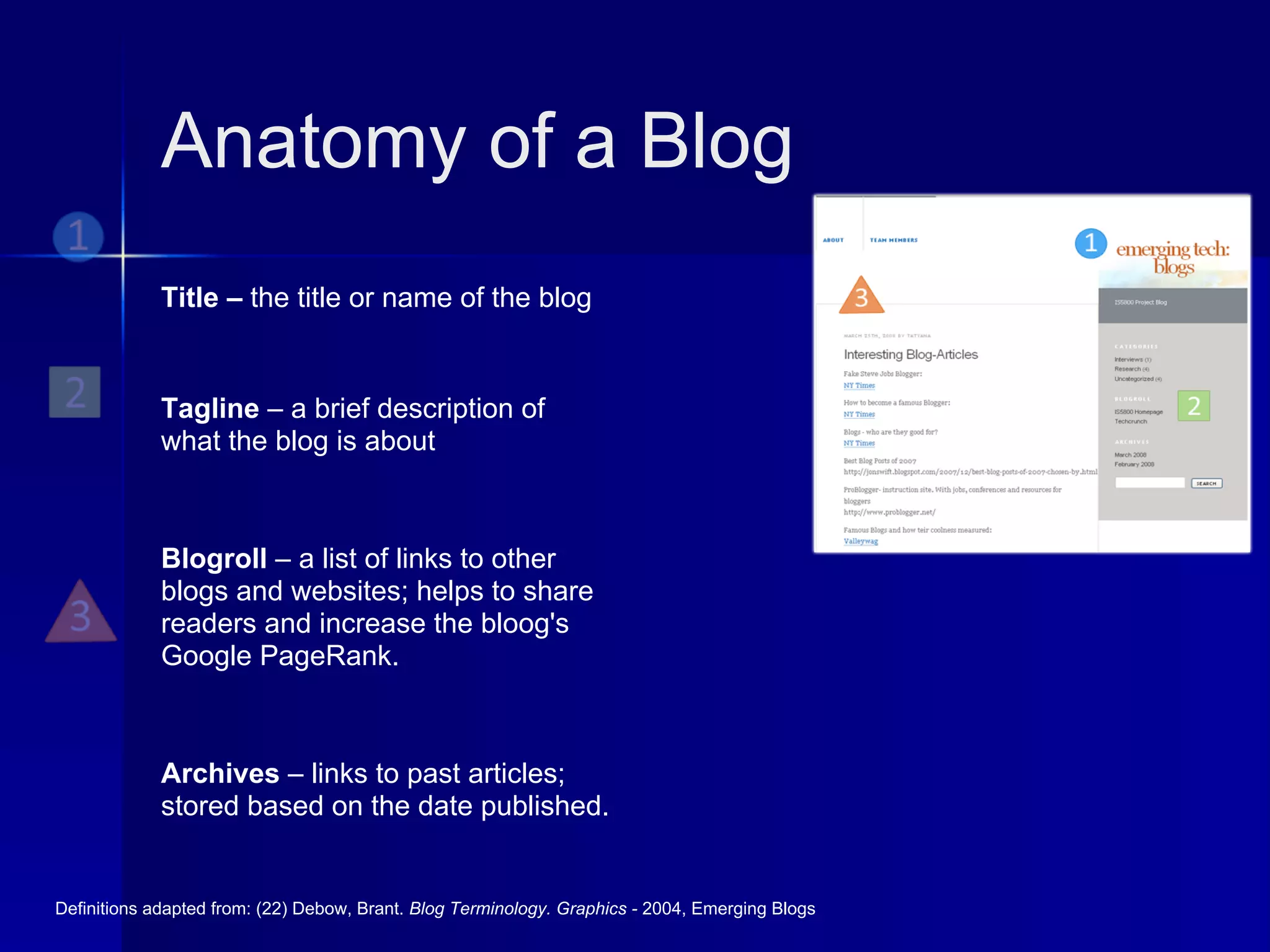 Anatomy of a Blog
             Title – the title or name of the blog


             Tagline – a brief description of
             what the blog is about



             Blogroll – a list of links to other
             blogs and websites; helps to share
             readers and increase the bloog's
             Google PageRank.



             Archives – links to past articles;
             stored based on the date published.


Definitions adapted from: (22) Debow, Brant. Blog Terminology. Graphics - 2004, Emerging Blogs
 