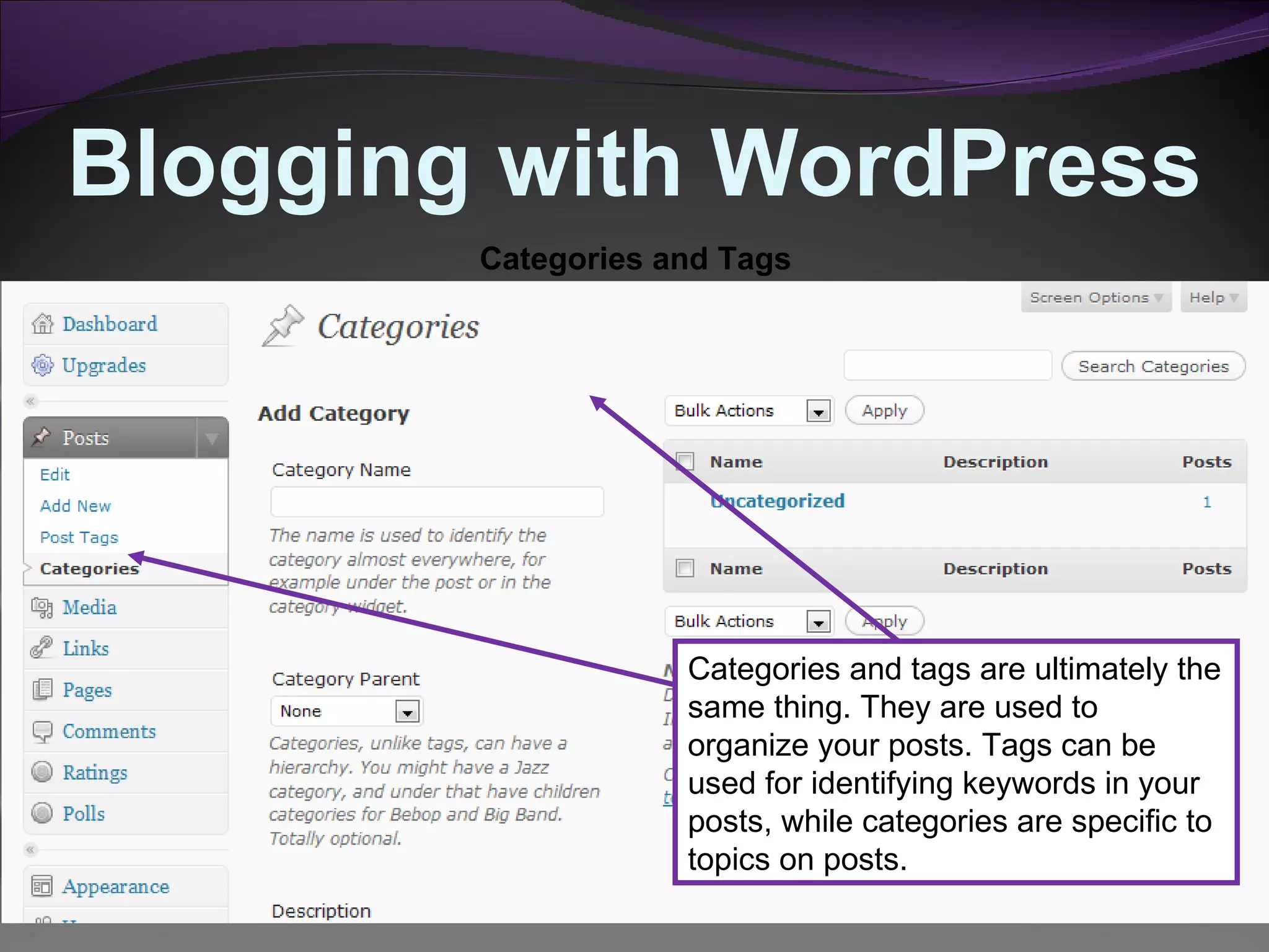Blogging with WordPress Categories and Tags Categories and tags are ultimately the same thing. They are used to organize your posts. Tags can be used for identifying keywords in your posts, while categories are specific to topics on posts. 