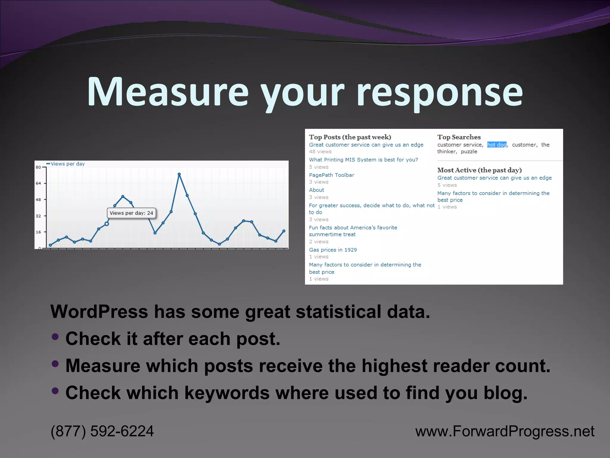 Measure your response WordPress has some great statistical data.  Check it after each post.  Measure which posts receive the highest reader count. Check which keywords where used to find you blog. 