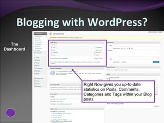 Blogging with WordPress? The Dashboard Right Now gives you up-to-date statistics on Posts, Comments, Categories and Tags within your Blog posts. 