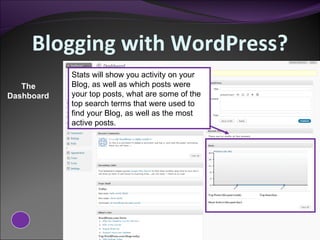 Blogging with WordPress? The Dashboard Stats will show you activity on your Blog, as well as which posts were your top posts, what are some of the top search terms that were used to find your Blog, as well as the most active posts. 
