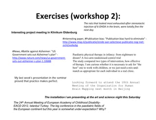 Exercises (workshop 2):
                                                           The rats that looked most exhausted after stereotactic 
                                                           injection of 6‐OHDA in the brain, were totally fine the 
                                                           next day
Interesting project meeting in Klinikum Oldenburg

                                        #Interesting paper, #Publication bias: "Publication bias hard to eliminate" ‐
                                        http://www.ntvg.nl/publicatie/einde‐aan‐selectieve‐publicatie‐nog‐niet‐
                                        zicht/volledig

#News, #Battle against Alzheimer: "US 
Government sets out Alzheimer's plan" ‐          Paediatric physical therapy in infancy: from nightmare to
http://www.nature.com/news/us‐government‐        dream? A two-arm randomised control trial
sets‐out‐alzheimer‐s‐plan‐1.10688                The study compared two types of intervention, how effective
                                                 of therapy. I am curious whether it is necessary to ask for “the
                                                 best” one to work with children, or we just need a mix-and-
                                                 match as appropriate for each individual in a real clinic.

  My last week's presentation in the seminar
  proved that practice makes perfect.           Looking forward to attend the 18th Annual
                                                Meeting of the Organization for Human
                                                Brain Mapping next month in Beijing


                          The installation I am presenting at the art and science night this Saturday
 The 24th Annual Meeting of European Academy of Childhood Disability-
 EACD 2012, Istanbul Turkey. The big conference in the paediatric fields of
 the European continent but this year is somewhat under-expectation? Why?
 
