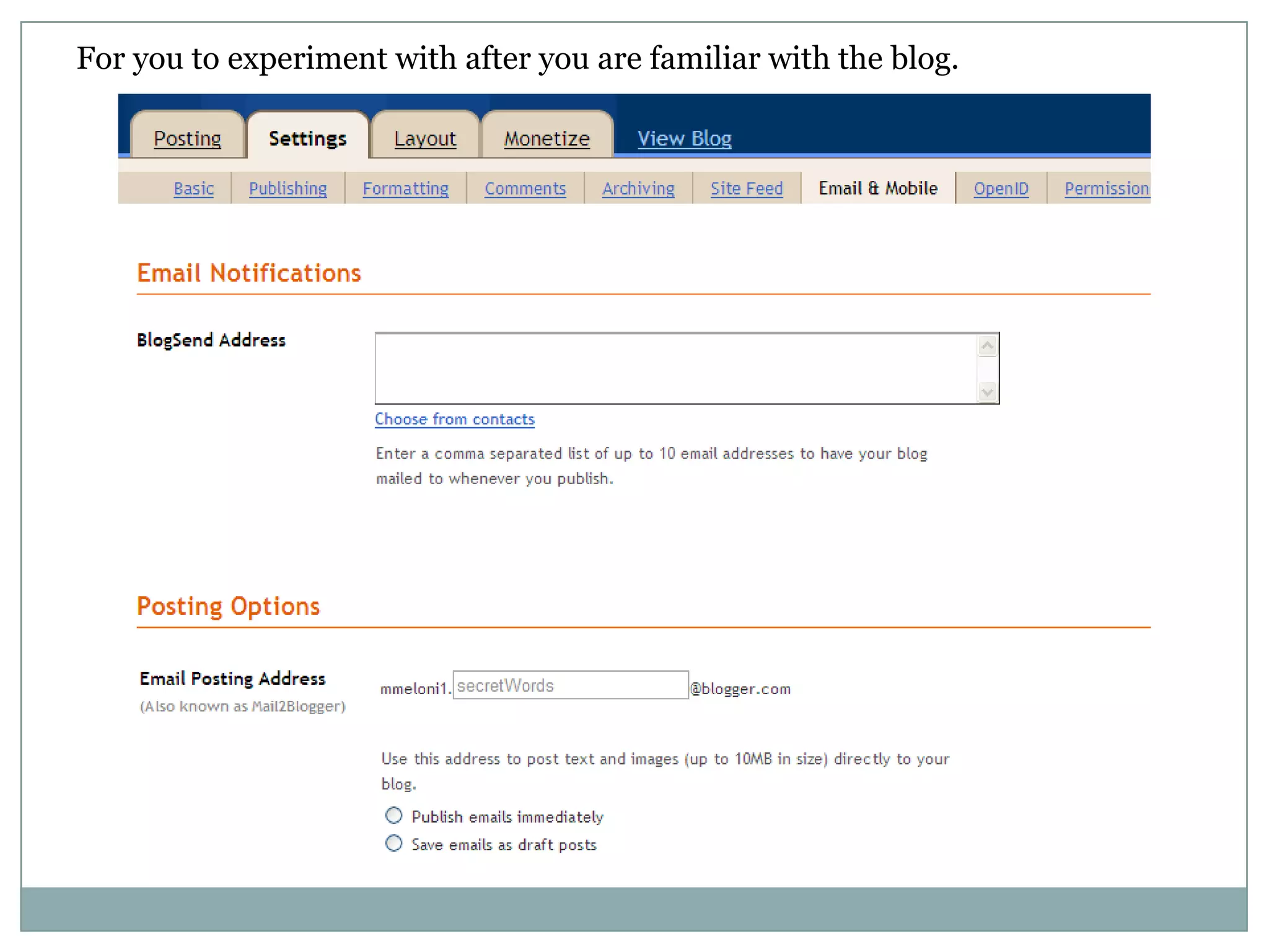 For you to experiment with after you are familiar with the blog.