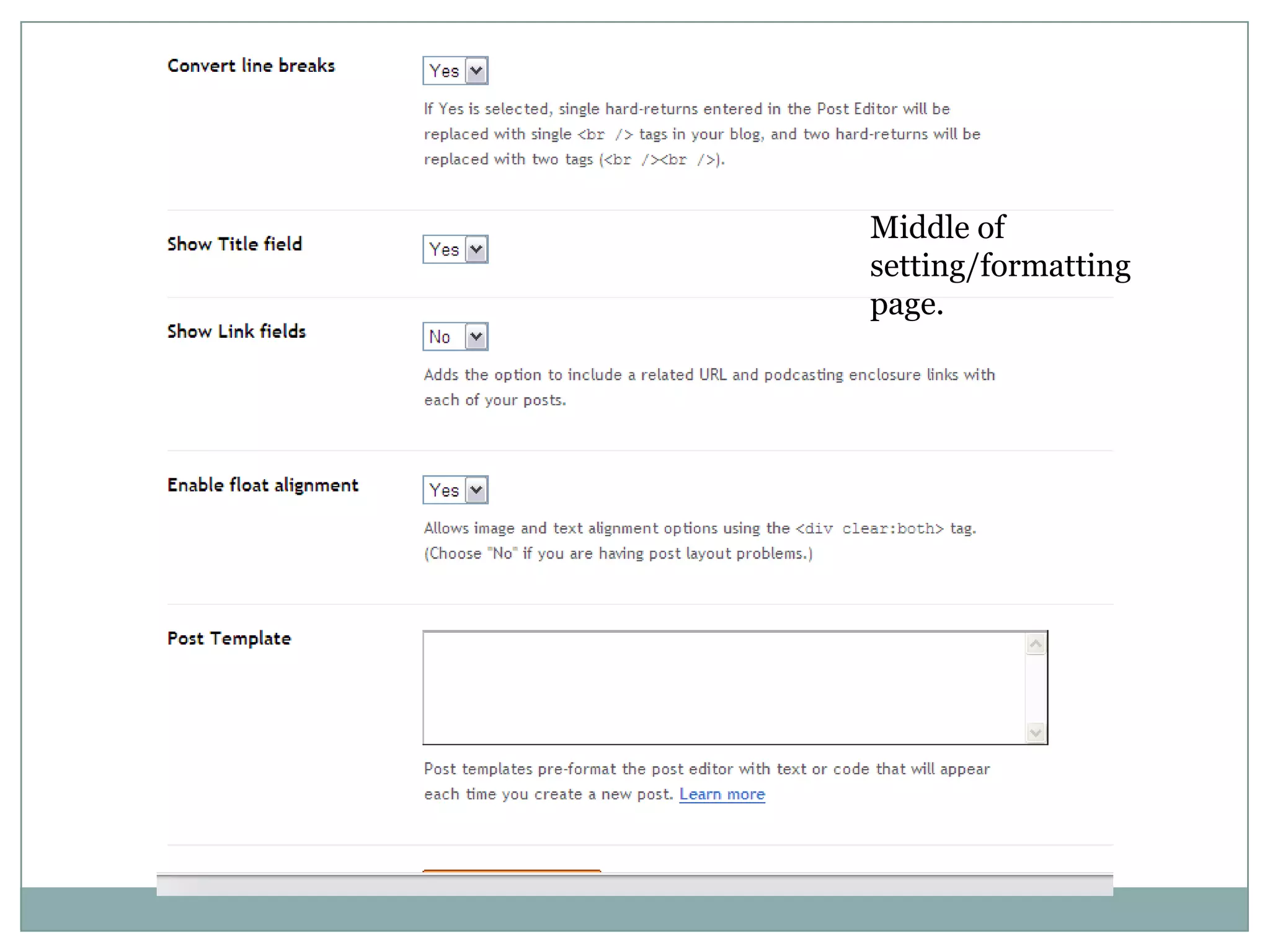 Middle of setting/formatting page.