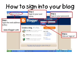 Step 2
                       Type in your user   Step 3
                       name.               Type in your password.

Step 1
Type the web address
(URL)

 www.blogger.com

                                                        Step 4
                                                        Click on ‘sign in’
 