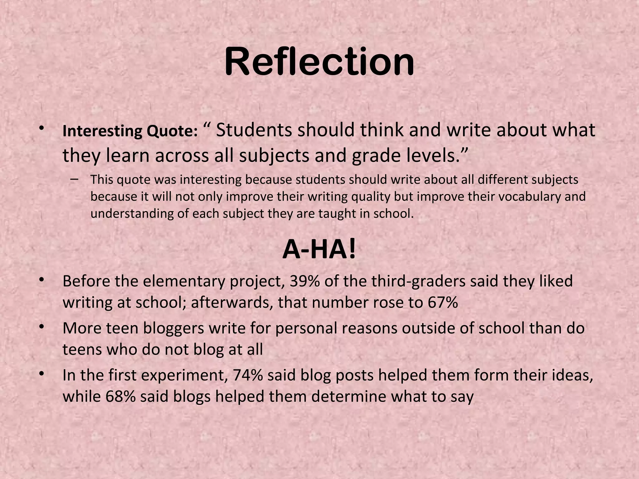 Reflection
• Interesting Quote: “ Students should think and write about what
they learn across all subjects and grade levels.”
– This quote was interesting because students should write about all different subjects
because it will not only improve their writing quality but improve their vocabulary and
understanding of each subject they are taught in school.
A-HA!
• Before the elementary project, 39% of the third-graders said they liked
writing at school; afterwards, that number rose to 67%
• More teen bloggers write for personal reasons outside of school than do
teens who do not blog at all
• In the first experiment, 74% said blog posts helped them form their ideas,
while 68% said blogs helped them determine what to say
 
