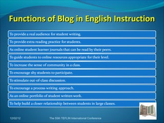 Functions of Blog in English Instruction




12/02/12   The 55th TEFLIN International Conference   4
 