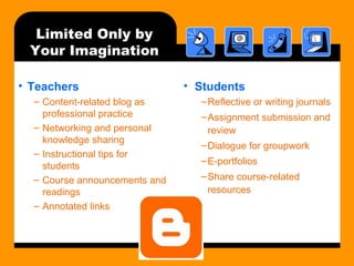Limited Only by
Your Imagination
• Teachers
– Content-related blog as
professional practice
– Networking and personal
knowledge sharing
– Instructional tips for
students
– Course announcements and
readings
– Annotated links
• Students
–Reflective or writing journals
–Assignment submission and
review
–Dialogue for groupwork
–E-portfolios
–Share course-related
resources
 