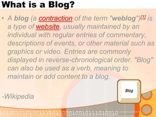 What is a Blog?A blog (a contraction of the term "weblog")[1] is a type of website, usually maintained by an individual with regular entries of commentary, descriptions of events, or other material such as graphics or video. Entries are commonly displayed in reverse-chronological order. "Blog" can also be used as a verb, meaning to maintain or add content to a blog.  -Wikipedia  