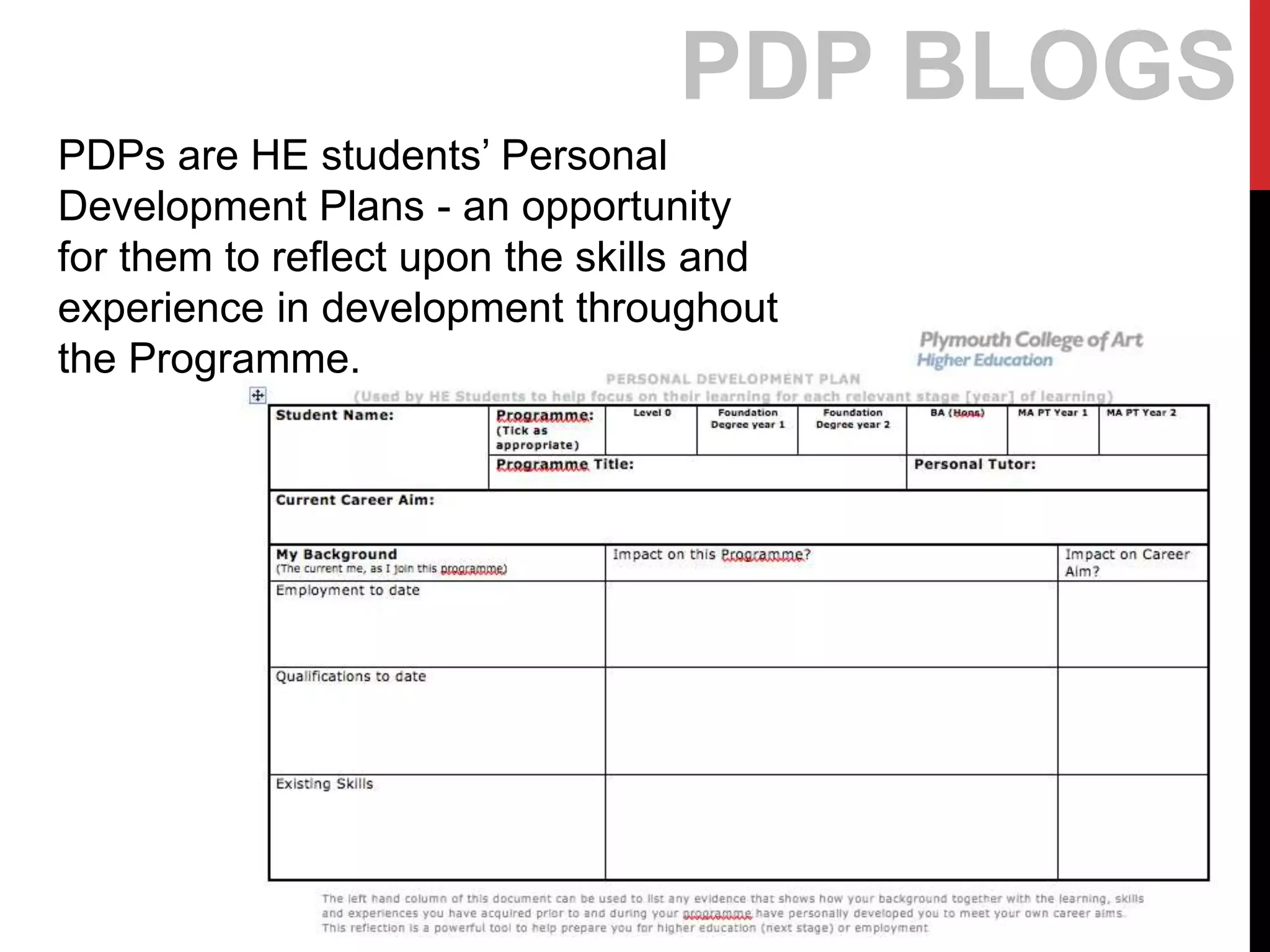 PDP BLOGS
PDPs are HE students’ Personal
Development Plans - an opportunity
for them to reflect upon the skills and
experience in development throughout
the Programme.
 
