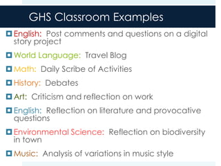 GHS Classroom Examples
 English: Post comments and questions on a digital
  story project
 World Language: Travel Blog
 Math: Daily Scribe of Activities
 History: Debates
 Art: Criticism and reflection on work
 English: Reflection on literature and provocative
  questions
 Environmental Science: Reflection on biodiversity
  in town
 Music: Analysis of variations in music style
 