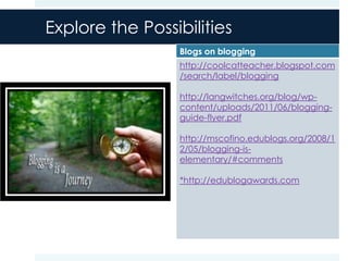 Explore the Possibilities
                 Blogs on blogging
                 http://coolcatteacher.blogspot.com
                 /search/label/blogging

                 http://langwitches.org/blog/wp-
                 content/uploads/2011/06/blogging-
                 guide-flyer.pdf

                 http://mscofino.edublogs.org/2008/1
                 2/05/blogging-is-
                 elementary/#comments

                 *http://edublogawards.com
 