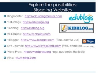 Explore the possibilities:
                    Blogging Websites
 Blogmeister: http://classblogmeister.com

 *Edublogs: http://edublogs.org

 *Kidblog: http://kidblog.org

 21 Classes: http://21classes.com

 *Blogger: http://www.blogger.com (free, easy to use)

 Live Journal: http://www.livejournal.com (free, online community)

 Word Press: http://wordpress.org (free, customize the look)

 Ning: www.ning.com
 