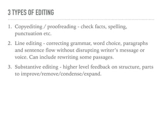 3 TYPES OF EDITING
1. Copyediting / proofreading - check facts, spelling,
punctuation etc.
2. Line editing - correcting gr...
