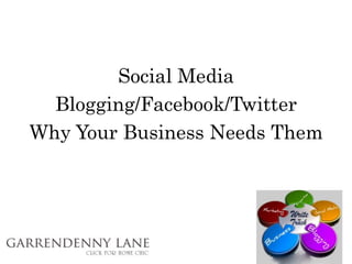 Social Media
  Blogging/Facebook/Twitter
Why Your Business Needs Them
 