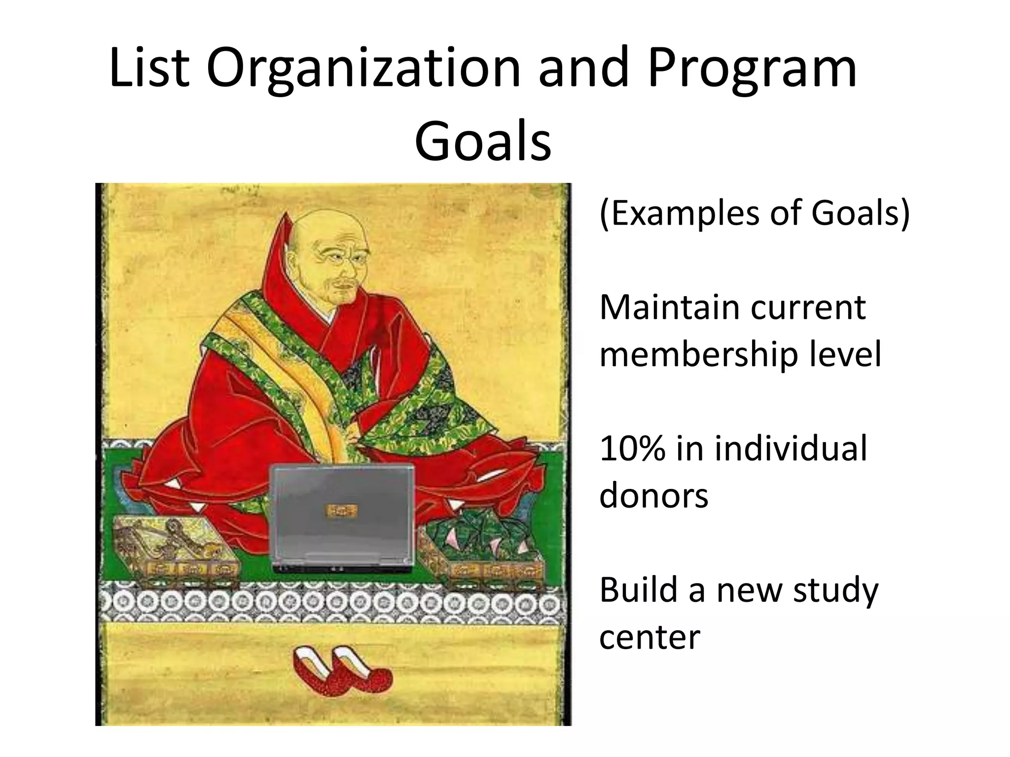 List Organization and Program Goals(Examples of Goals)Maintain current membership level10% in individual donorsBuild a new study center