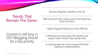 Trends That
Remain The Same-
Business blogging is steadily on the rise
B2B companies with a blog receive more leads than
t...
