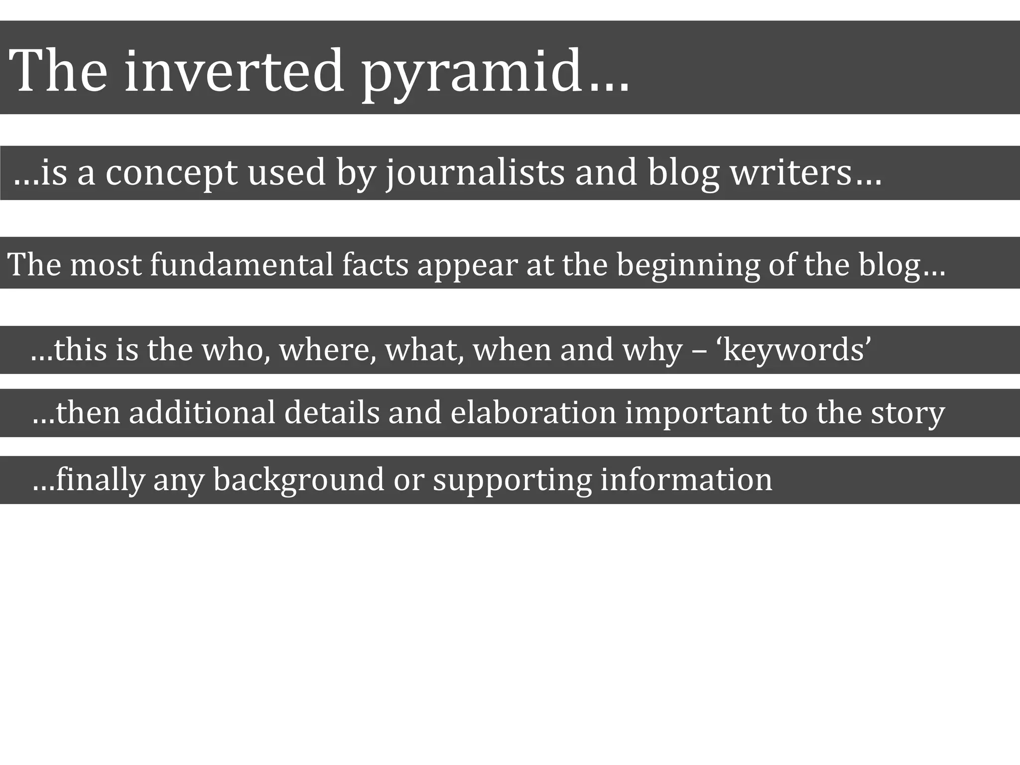 The inverted pyramid…
…is a concept used by journalists and blog writers…
The most fundamental facts appear at the beginning of the blog…
…this is the who, where, what, when and why – ‘keywords’
…then additional details and elaboration important to the story
…finally any background or supporting information
 