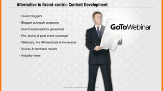 © 2013 COPYRIGHT • JUSTICEMITCHELL.COM • ALL RIGHTS RESERVED
! Guest bloggers
! Blogger outreach programs
! Brand ambassadors generated
! Pre, during & post event coverage
! Webinars, live #Tweetchats & live events
! Survey & feedback results
! Industry news
Alternative to Brand-centric Content Development
© 2013 COPYRIGHT • JUSTICEMITCHELL.COM • ALL RIGHTS RESERVED© 2013 COPYRIGHT • JUSTICEMITCHELL.COM • ALL RIGHTS RESERVED
Alternative to Brand-centric Content Development
 