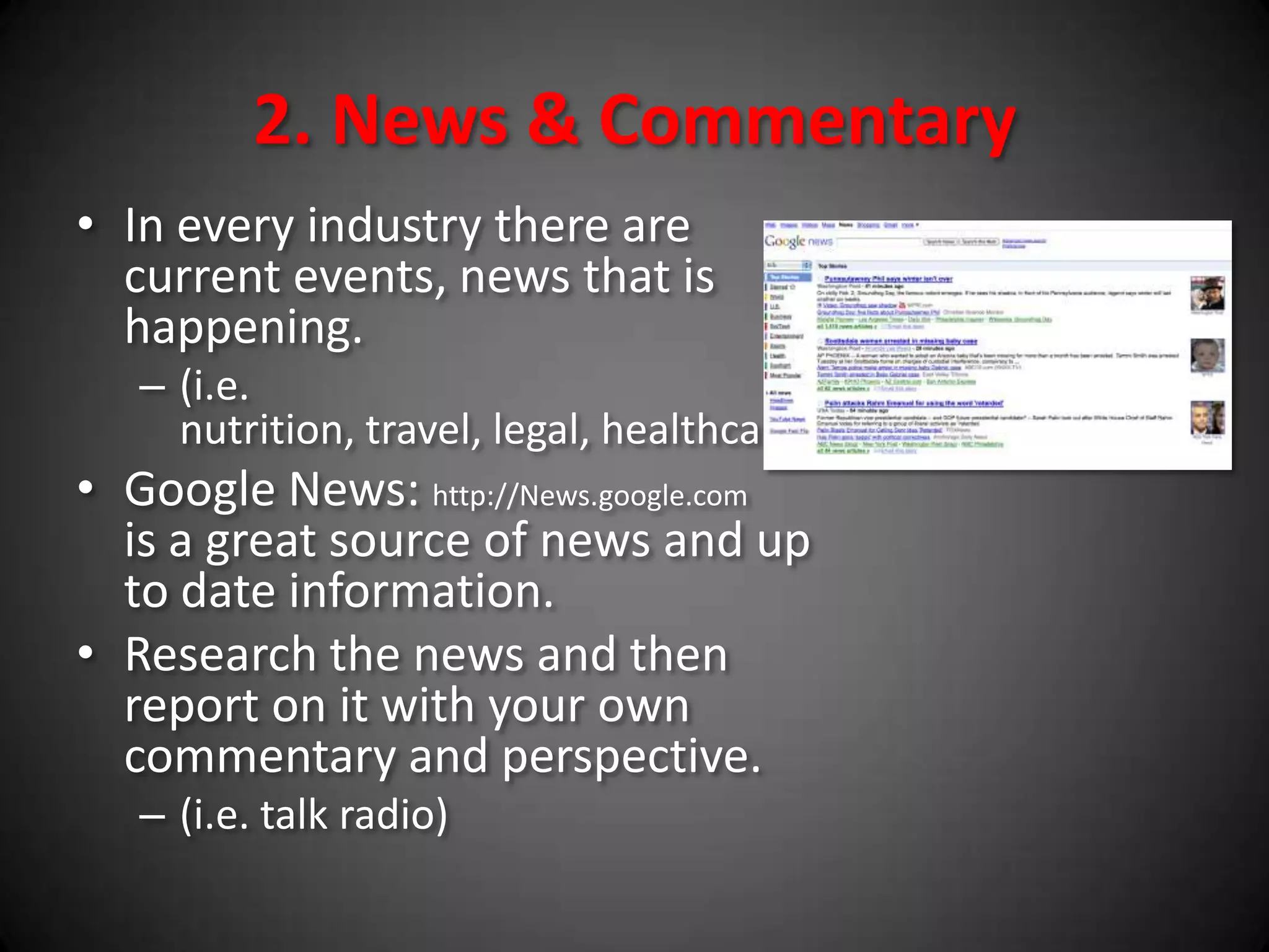 6. To MonetizeUse the blog to promote your own products and servicesBy building authority through your blog, you position yourself as an expert to people who are also interested in what you do.Have your blog contain links that say “here is how to hire me” – and that is what it will attract.Can also promote affiliate products.(i.e. internet marketing & products that you are endorsing)