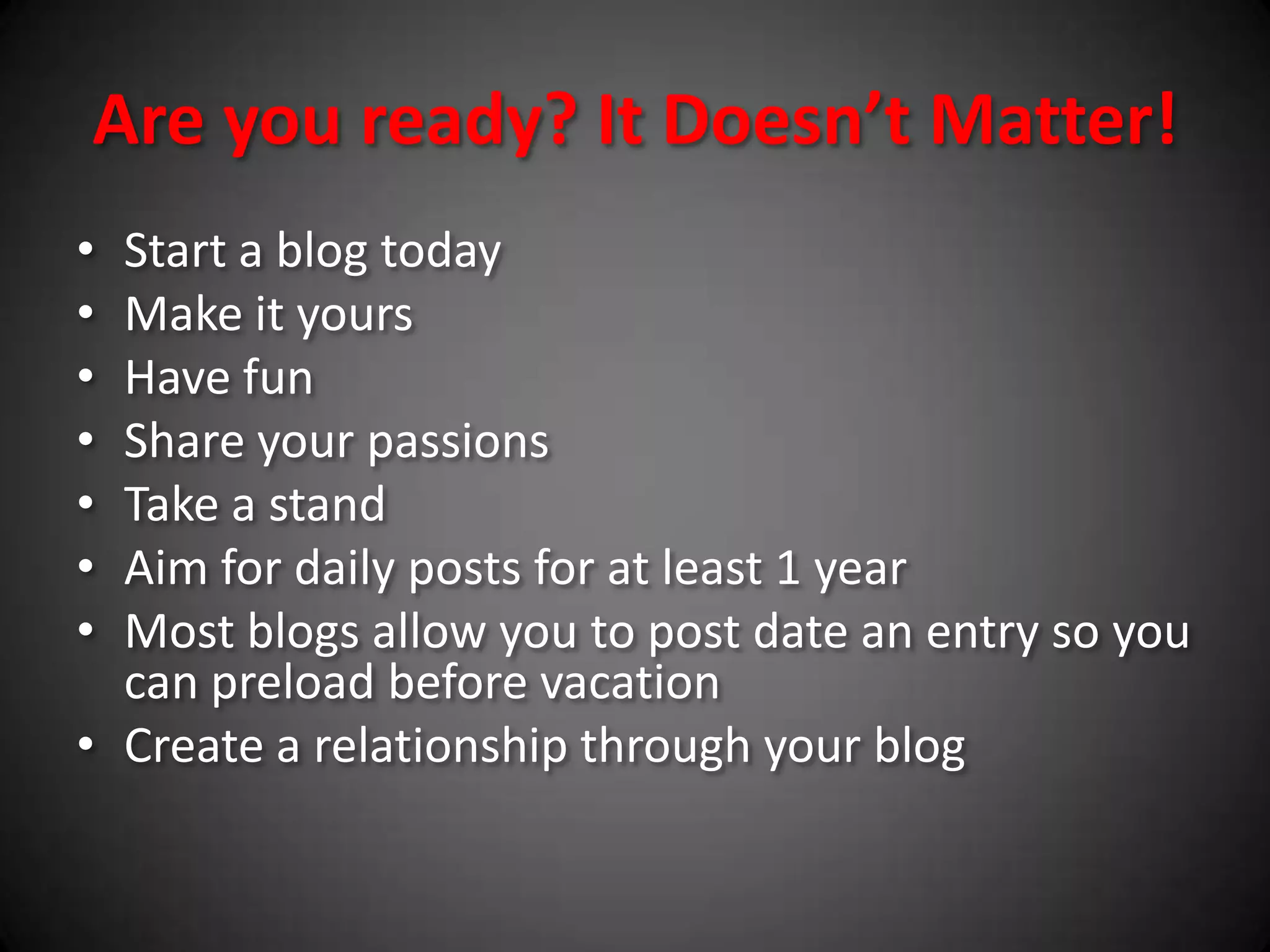 5. ListsOne of the most popular type of postsPeople on Digg, Facebook, and Twitter share lists frequentlyCan be long or shortEasy to build a blog in this framework and easy for audience to readGets attentioni.e. Dave Letterman