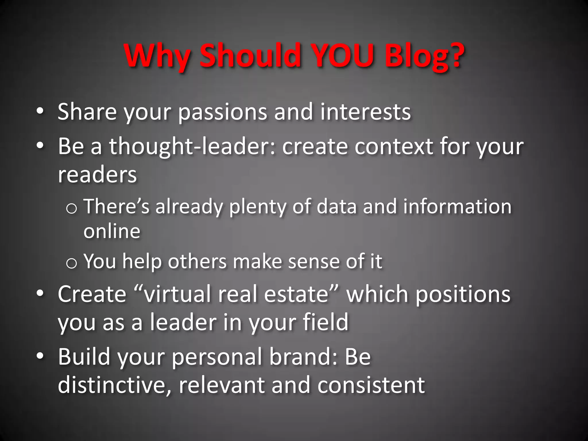 Your trust-equity leads to effective recommendations and referralsWhat Is A Blog?It’s a view of you:  a collection of text or content (video, pictures, links) put together to offer information, news and context.  Posts do not have to be a huge articles.Seth Goden, the author of “Tribes” has a very popular blog which runs on a free blogging site.  He writes one almost every day and they are usually no more than 200 words.