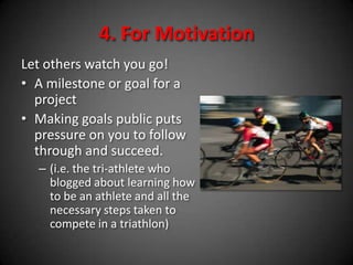 Build your personal brand: Be distinctive, relevant and consistentBenefits of Blogging	Create AuthorityHelp Build an AudienceHelp Build Your BrandFor MotivationFor AttractionTo Monetize