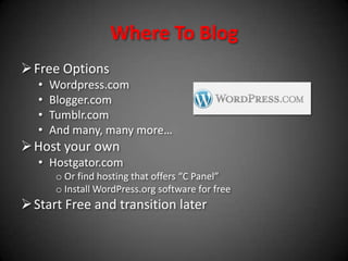4. For MotivationLet others watch you go!A milestone or goal for a projectMaking goals public puts pressure on you to follow through and succeed.(i.e. the tri-athlete who blogged about learning how to be an athlete and all the necessary steps taken to compete in a triathlon)