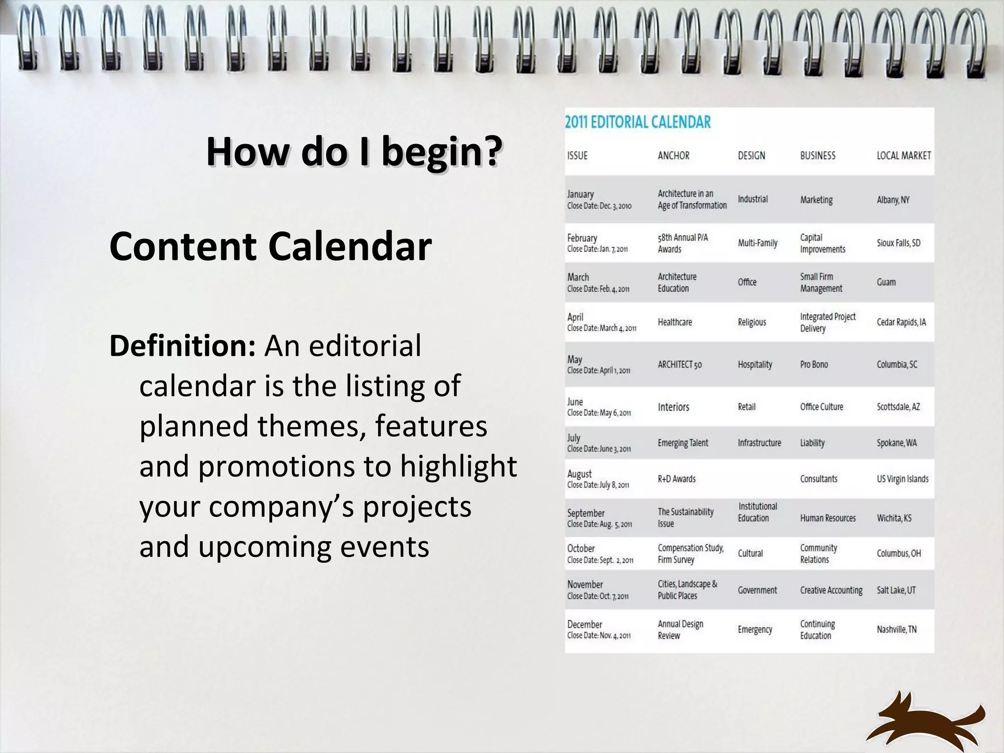 How do I begin?

Content Calendar

Definition: An editorial
  calendar is the listing of
  planned themes, features
  and promotions to highlight
  your company’s projects
  and upcoming events
 