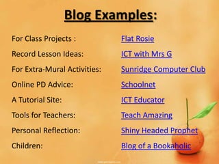Blog Examples:
For Class Projects :          Flat Rosie
Record Lesson Ideas:          ICT with Mrs G
For Extra-Mural Activities:   Sunridge Computer Club
Online PD Advice:             Schoolnet
A Tutorial Site:              ICT Educator
Tools for Teachers:           Teach Amazing
Personal Reflection:          Shiny Headed Prophet
Children:                     Blog of a Bookaholic
 