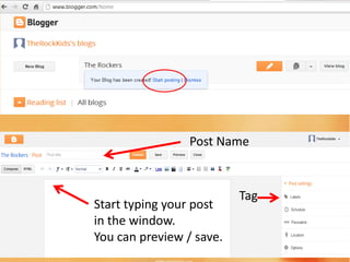 Post Name


                          Tag
                    Blog domain
Start typing your post
in the window.
You can preview / save.
 
