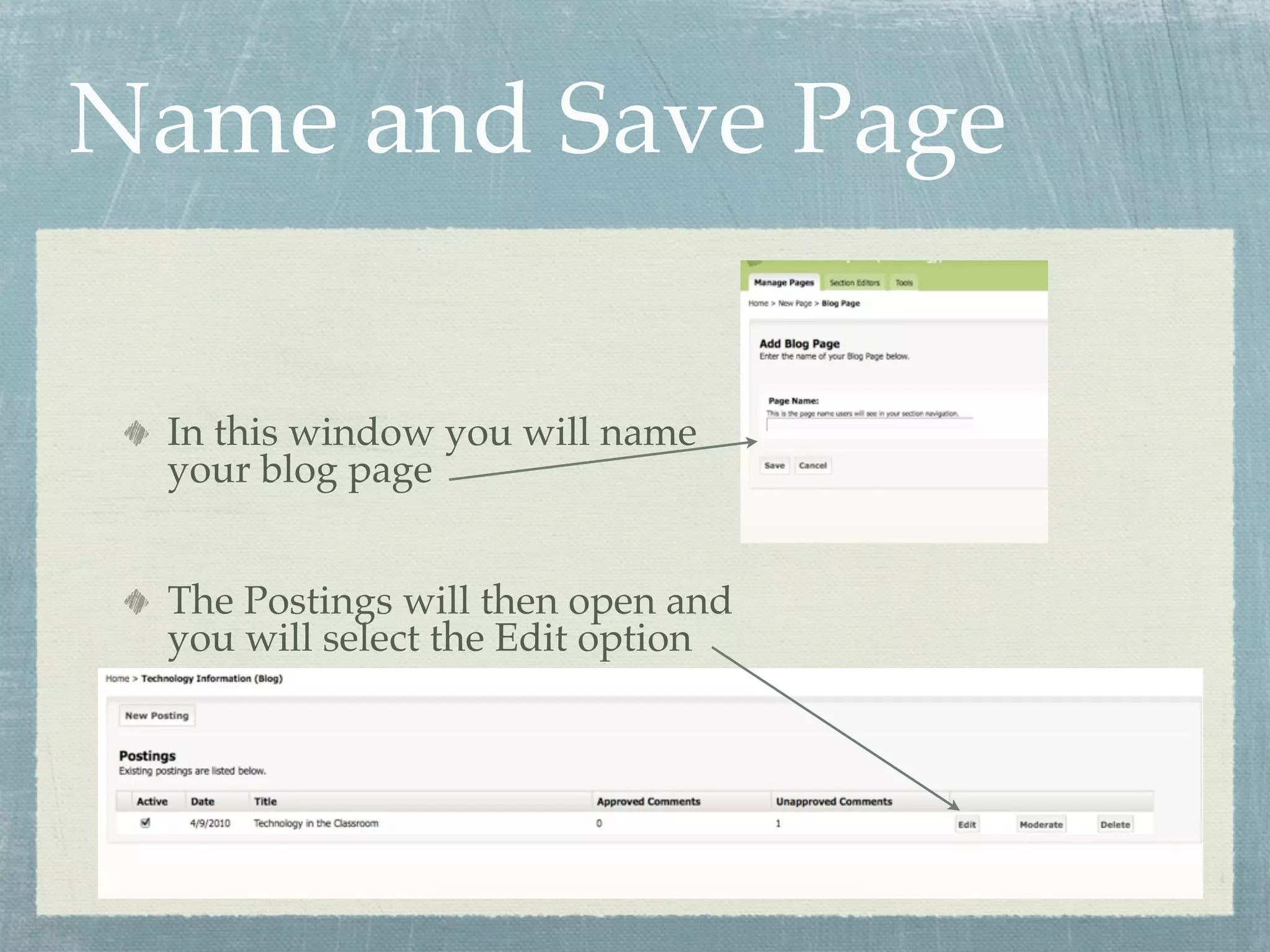 Name and Save Page

 In this window you will name
 your blog page


 The Postings will then open and
 you will select the Edit option
 